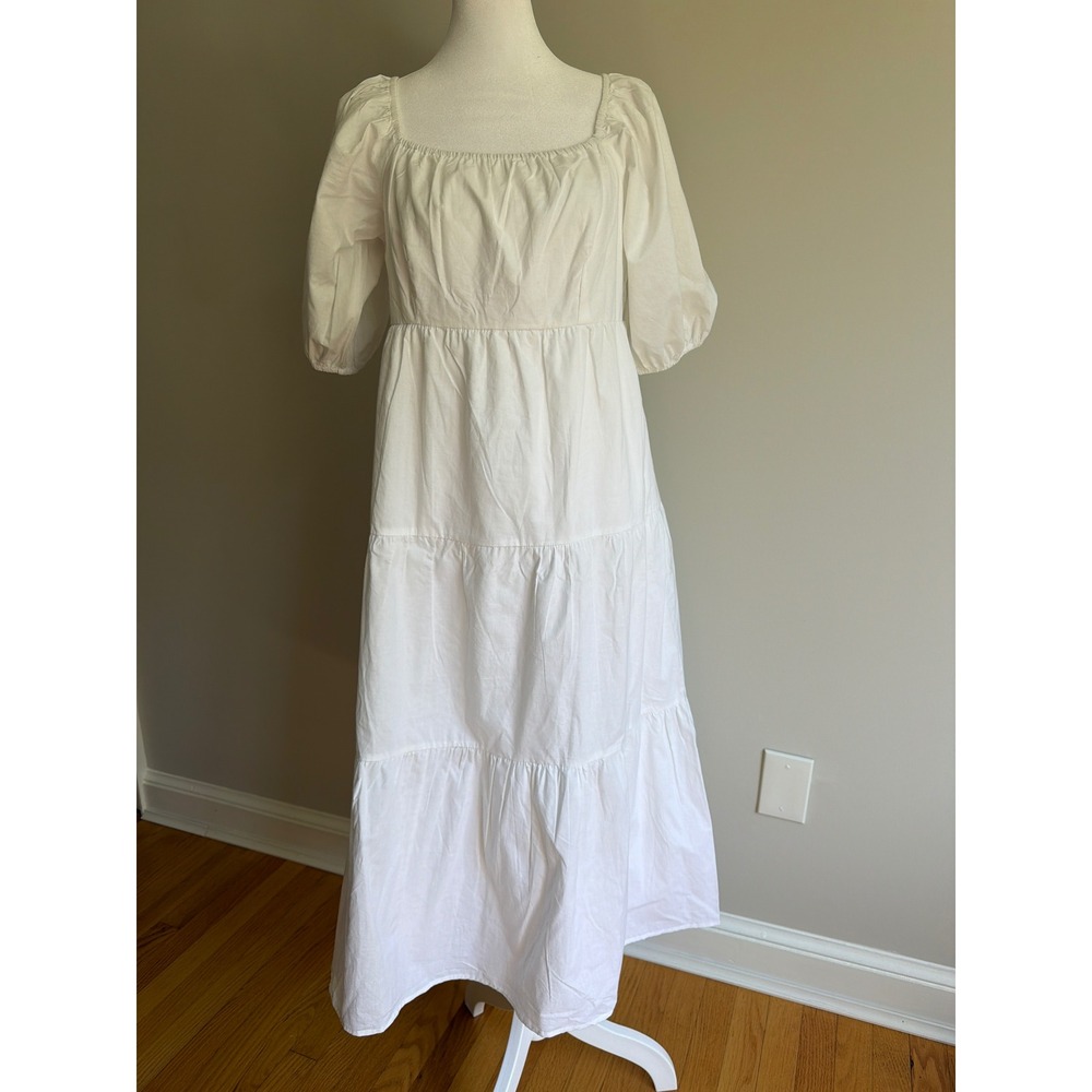 Sim & Sam White Cotton Tiered Midi Dress Square Neck Puff Sleeve 51136MIDI New